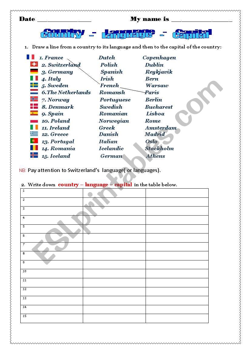 Country-Language-Capital worksheet