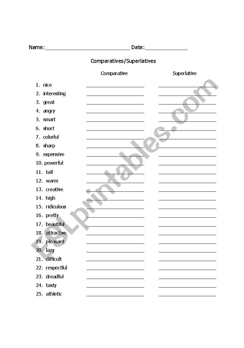 Comparatives/superlatives worksheet