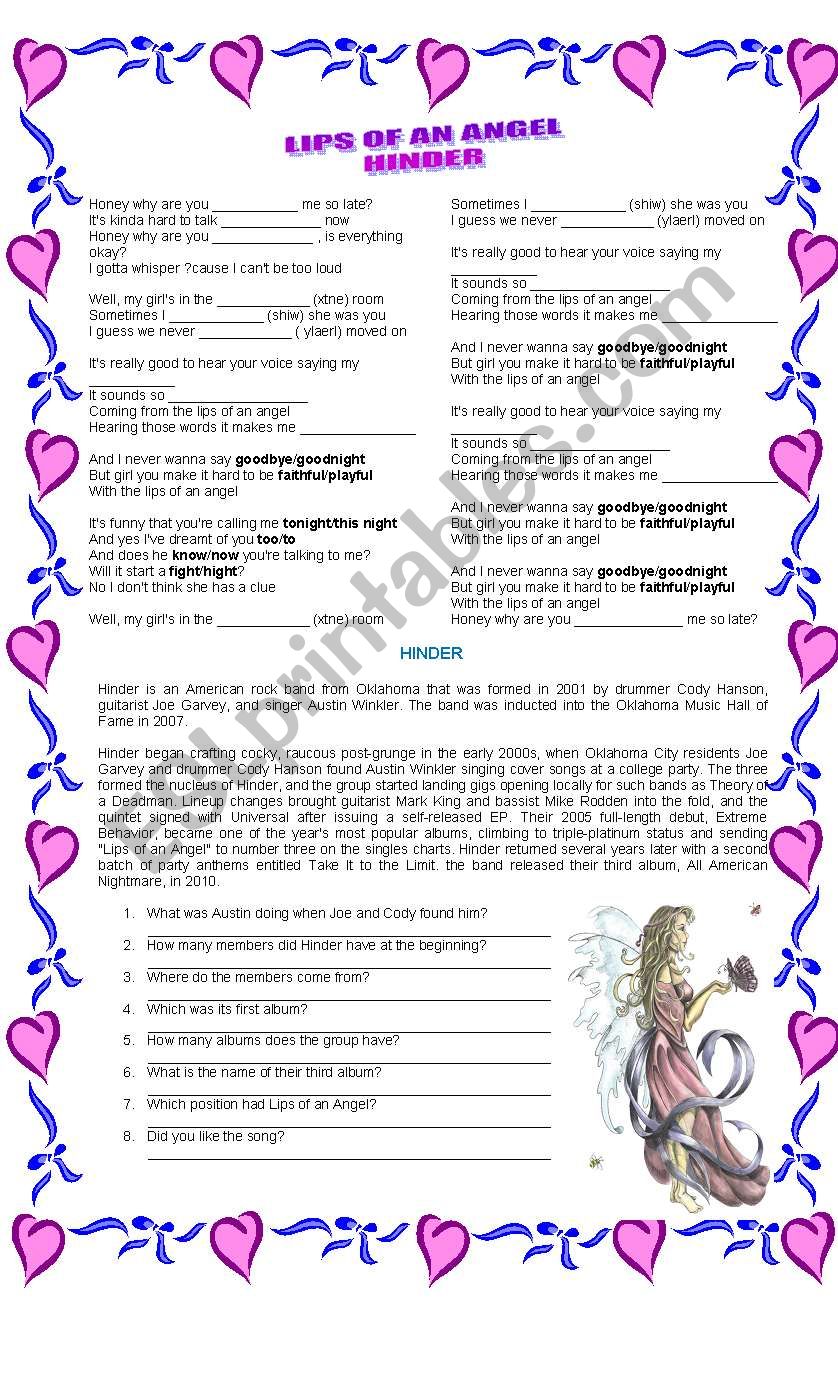 Lips of an Angel (Hinder) worksheet