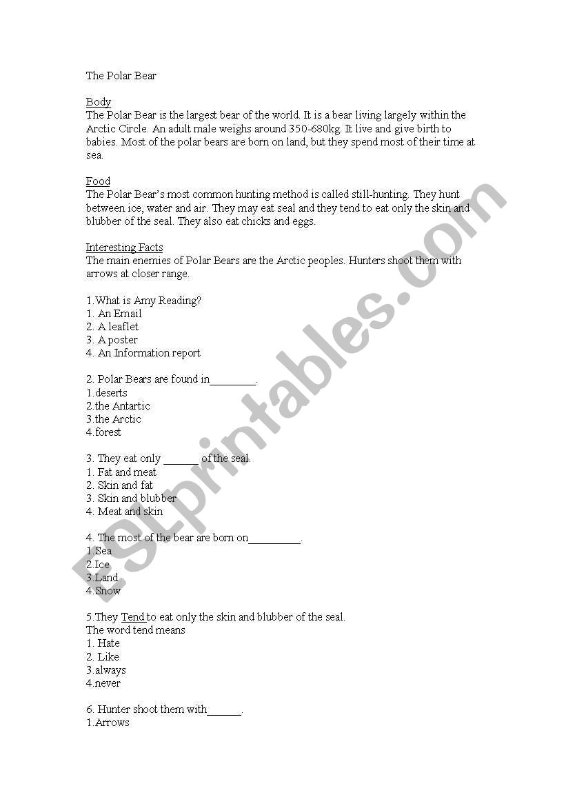 Comprehension/ polar bear worksheet