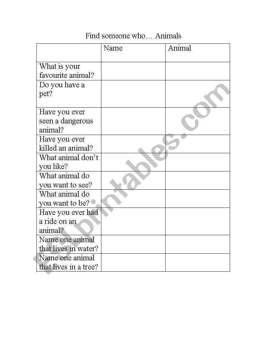 Find someone who... Animals worksheet