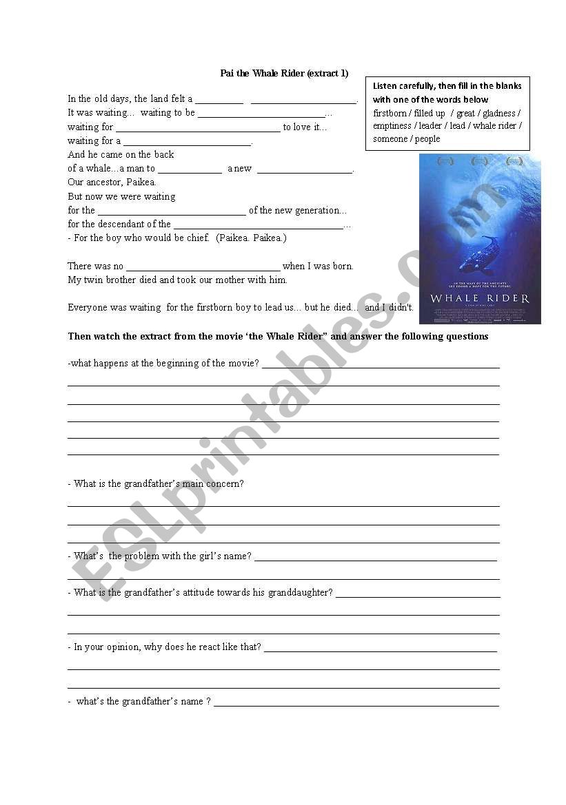 The Whale Rider extract 1 worksheet