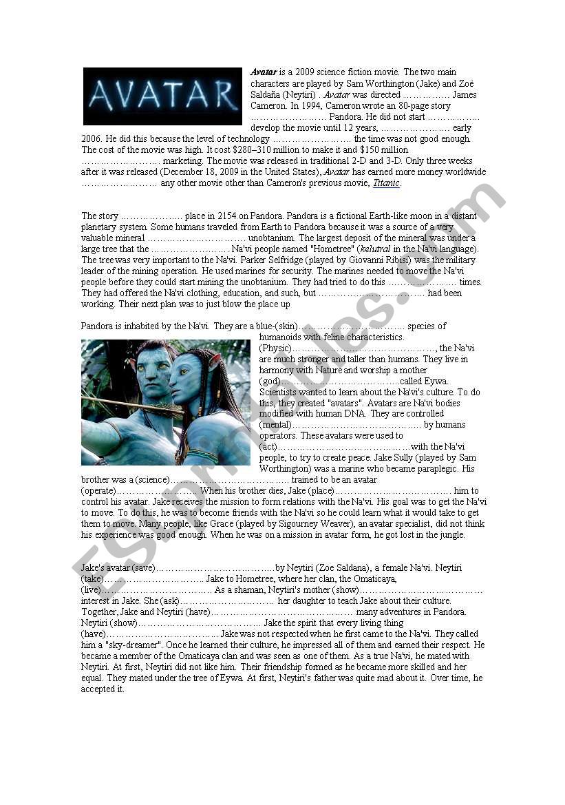 Avatar Movie Gap fill worksheet