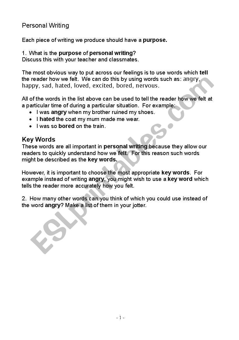 personal writing worksheet