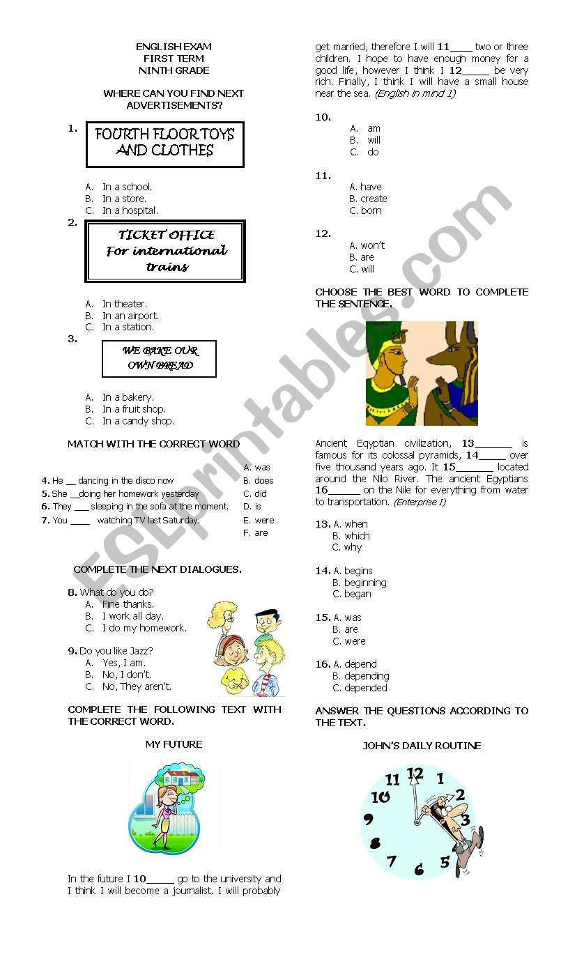 ninth exam worksheet