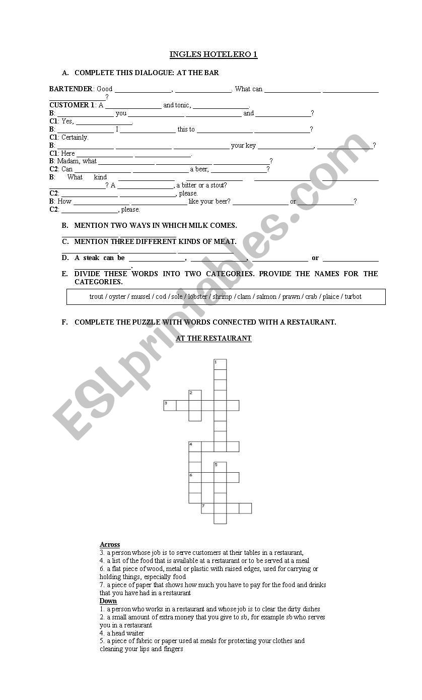 At the bar worksheet