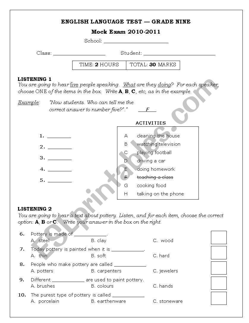 Grade 9 final exam worksheet