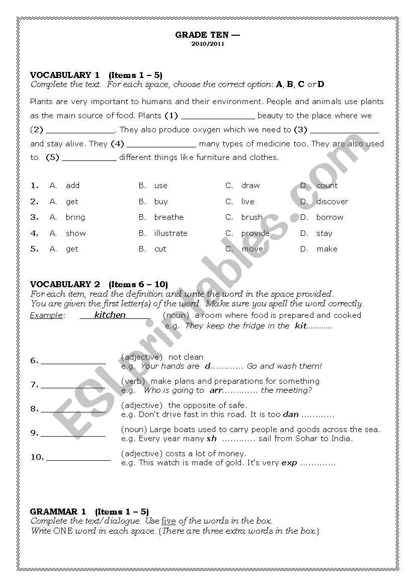 Grade 10 final exam worksheet
