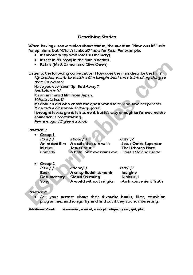 Describing Movie Plots worksheet