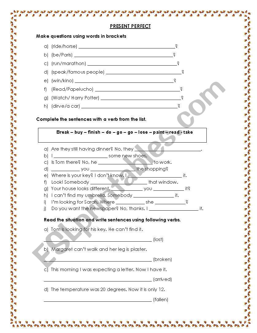 present perfect worksheet