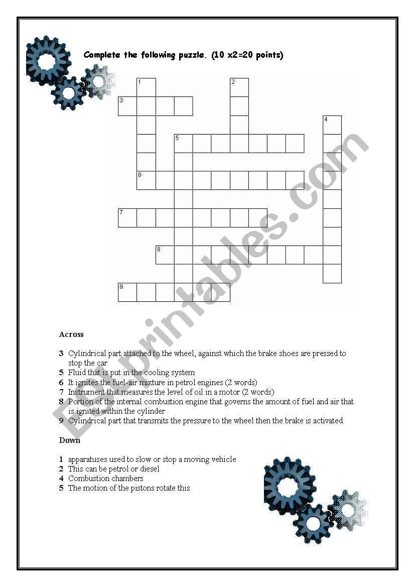 THE ENGINE CROSSWORD worksheet