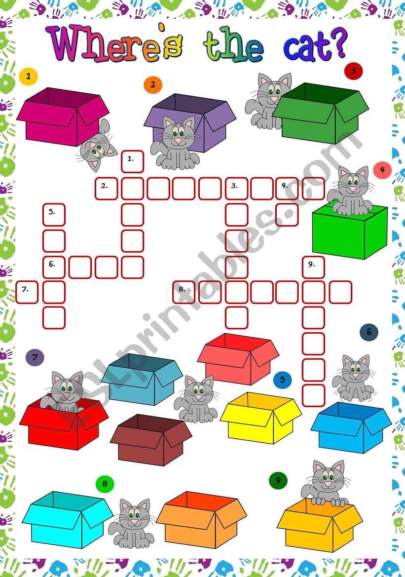 Wheres the cat? - PREPOSITIONS OF PLACE *crossword* (B&W included)