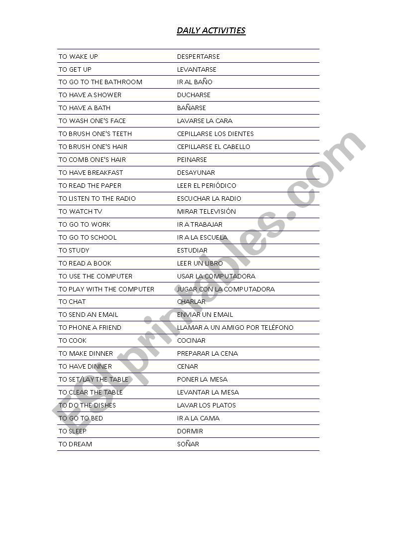 Daily Activities vocabulary worksheet