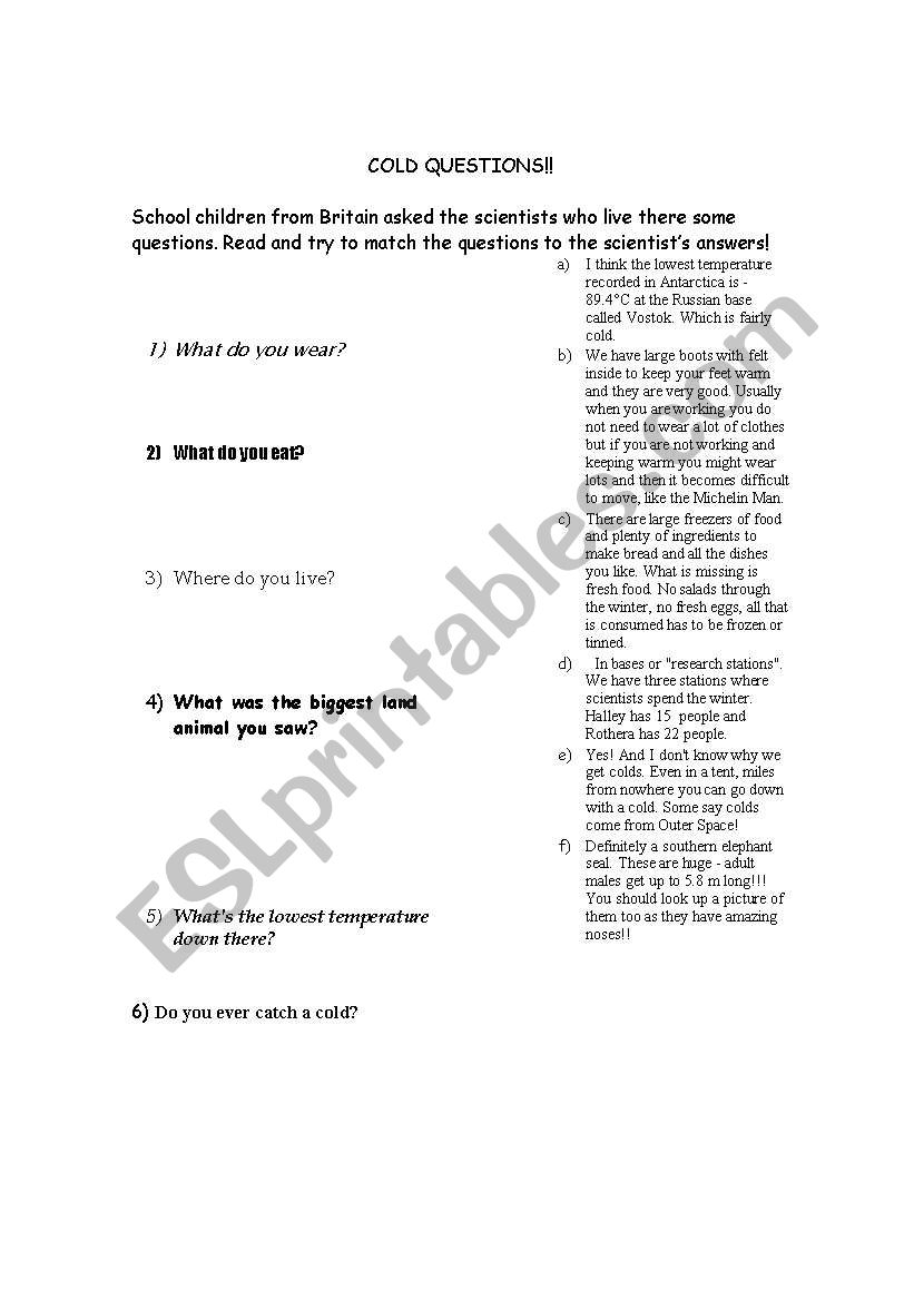 cold questions worksheet