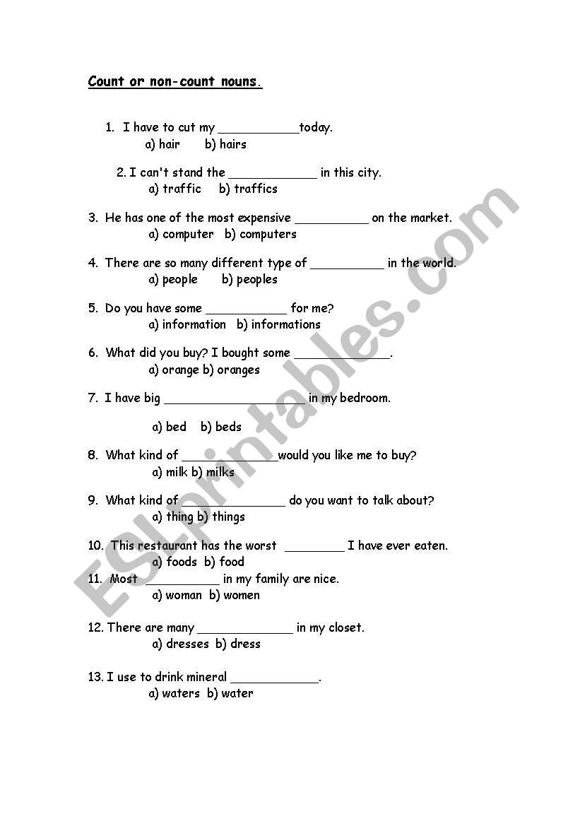 count& non count nouns worksheet