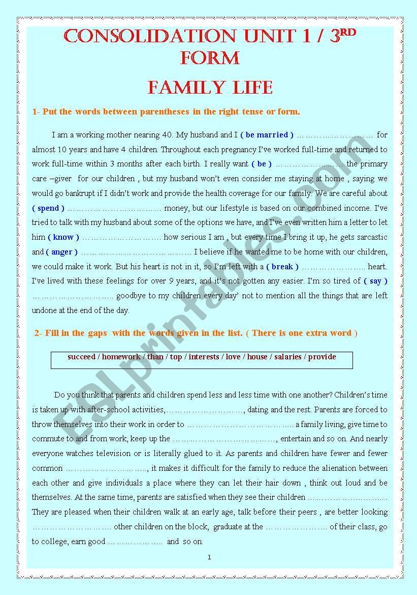 CONSOLIDATION UNIT 1 / 3RD FORM FAMILY LIFE