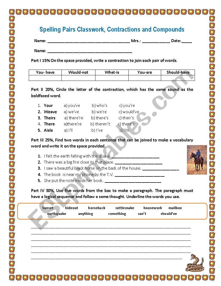 Contractions and Compounds worksheet