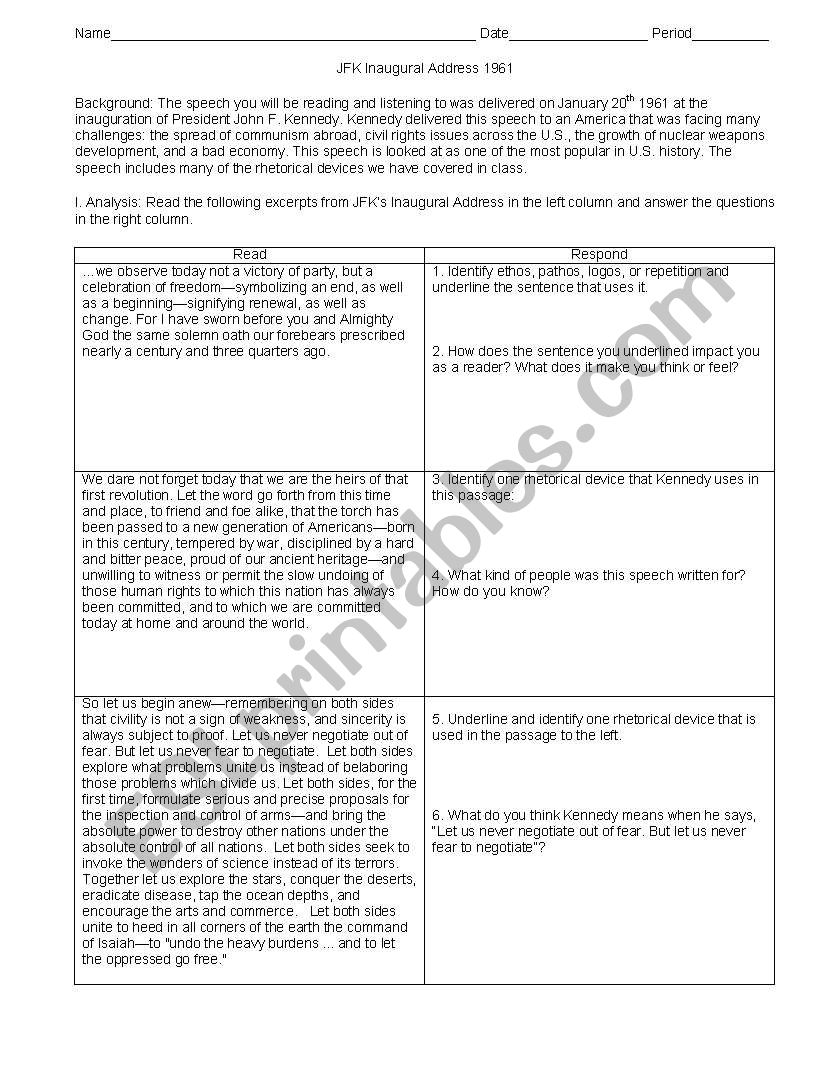 John F. KennedyÂ´s Inaugural Address & Questions