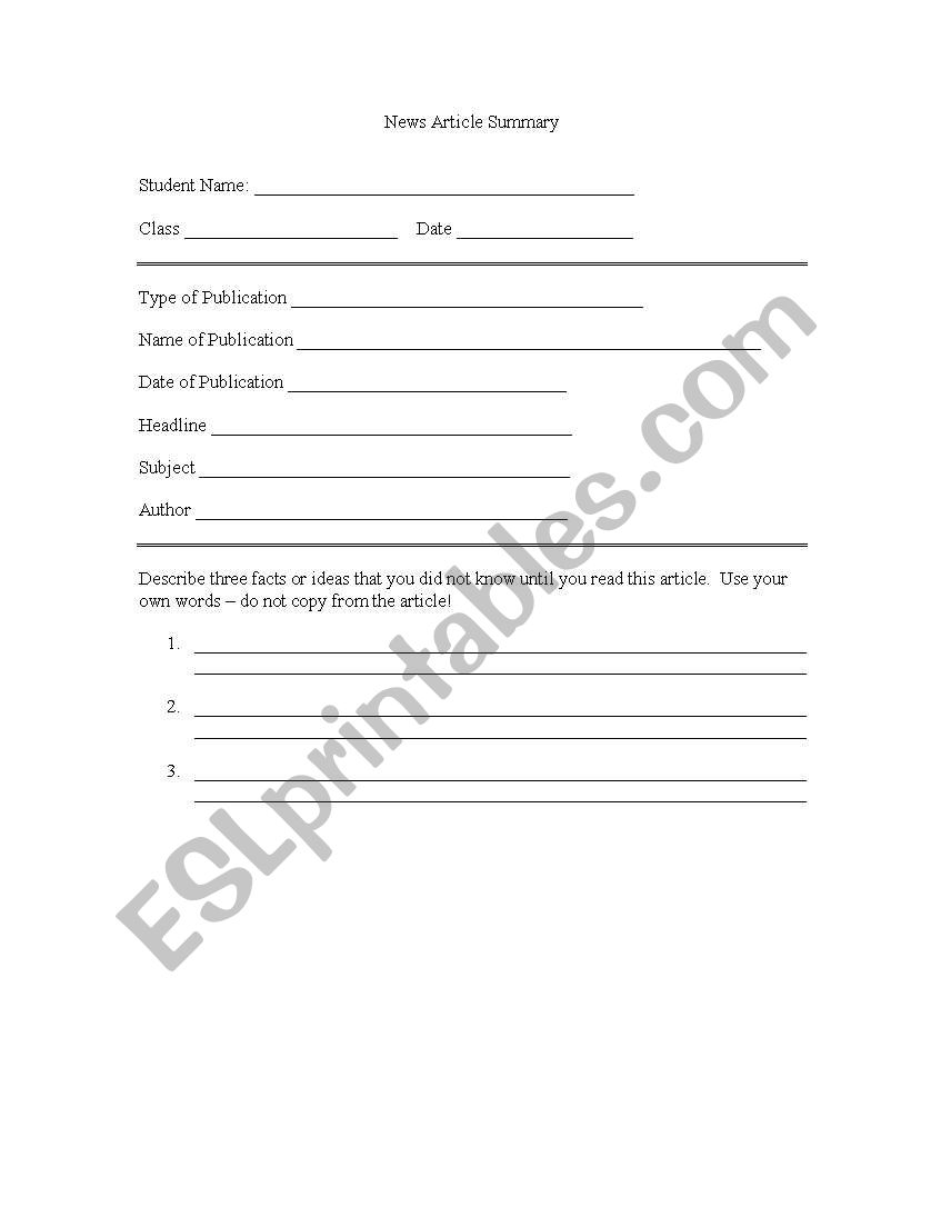 News Article Summary worksheet