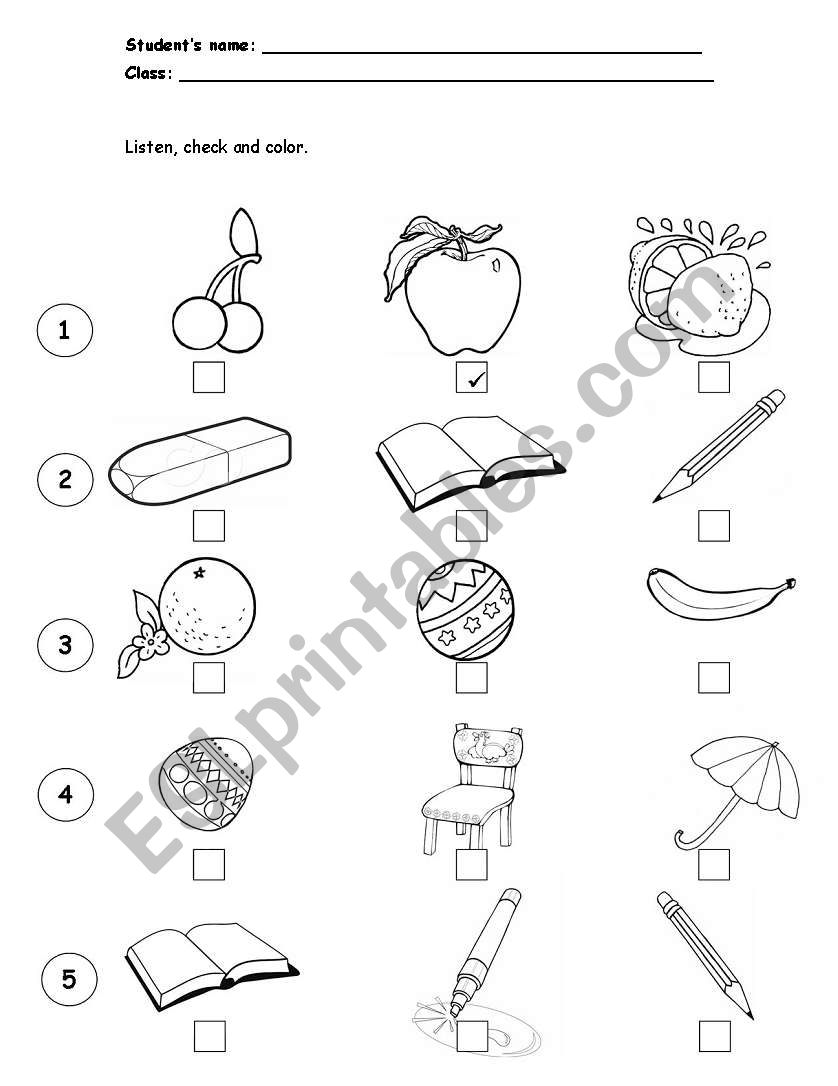 Listen, check and color worksheet