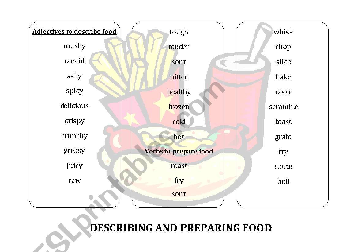 Preparing and describing food: Worksheet (Vocabulary)