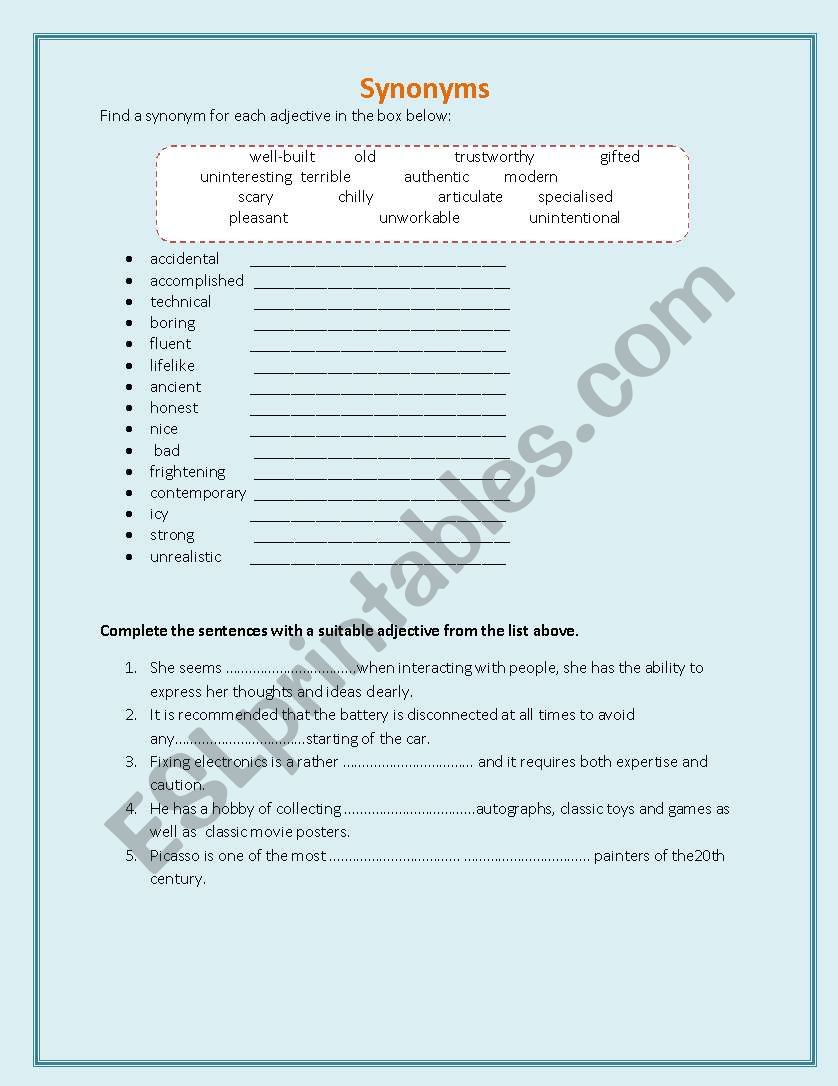 Synonyms- Adjectives worksheet