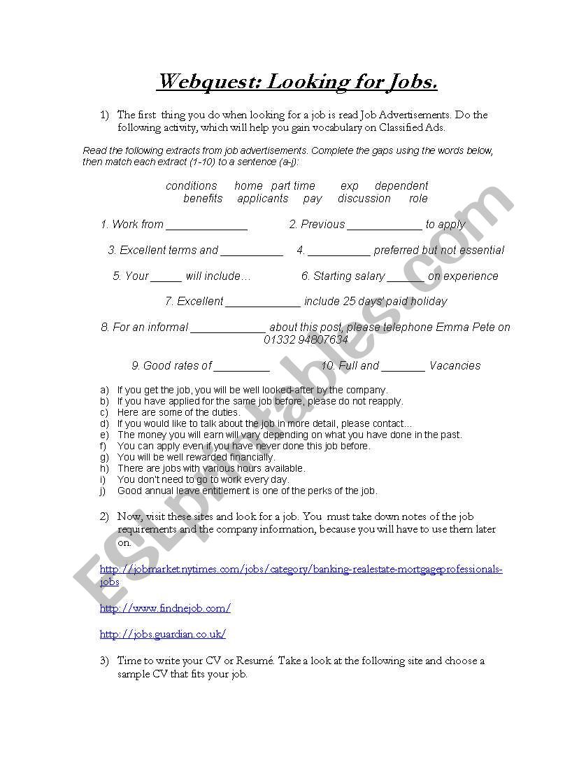 webquest - looking for jobs worksheet