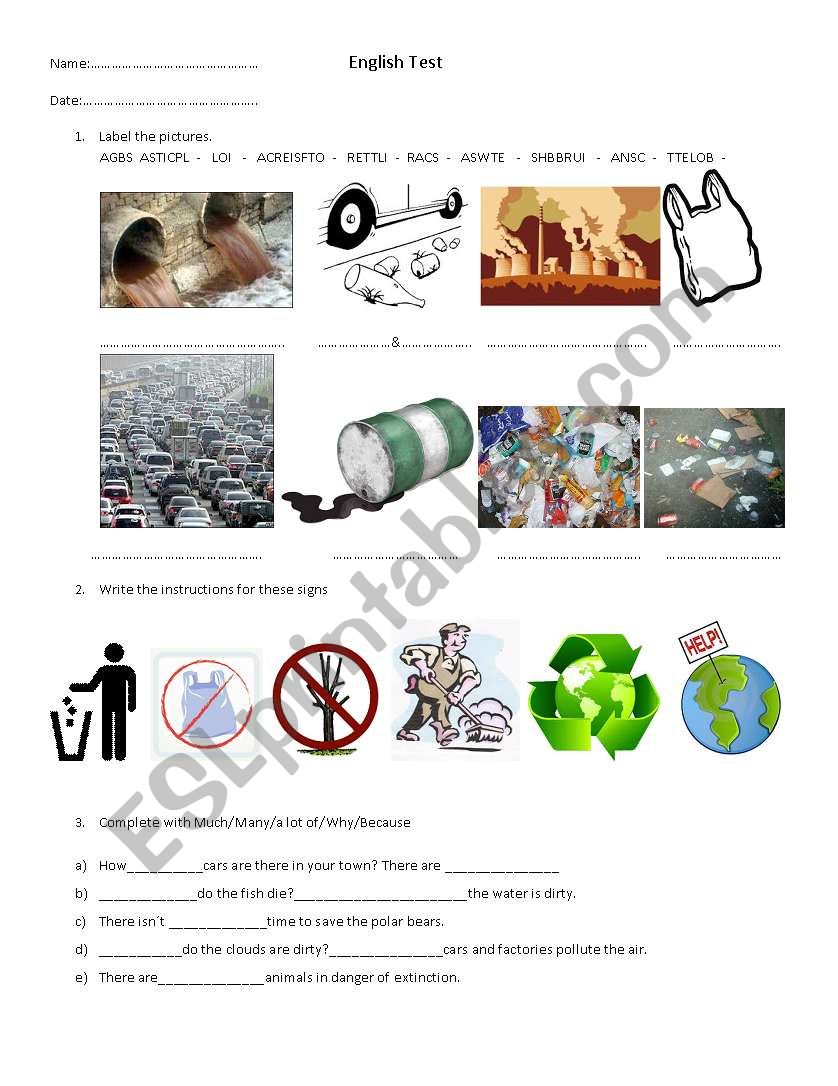Pollution worksheet
