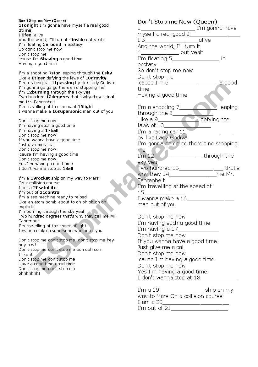 DONT STOP ME NOW worksheet