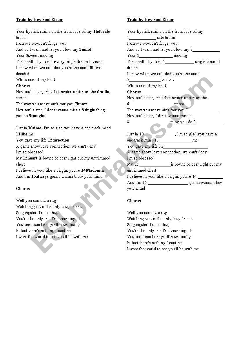 TRAIN HEY SOUL SISTER worksheet