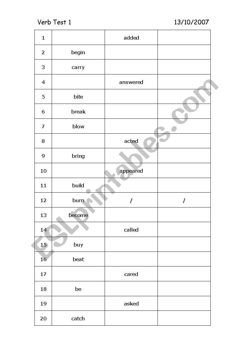Verb test worksheet