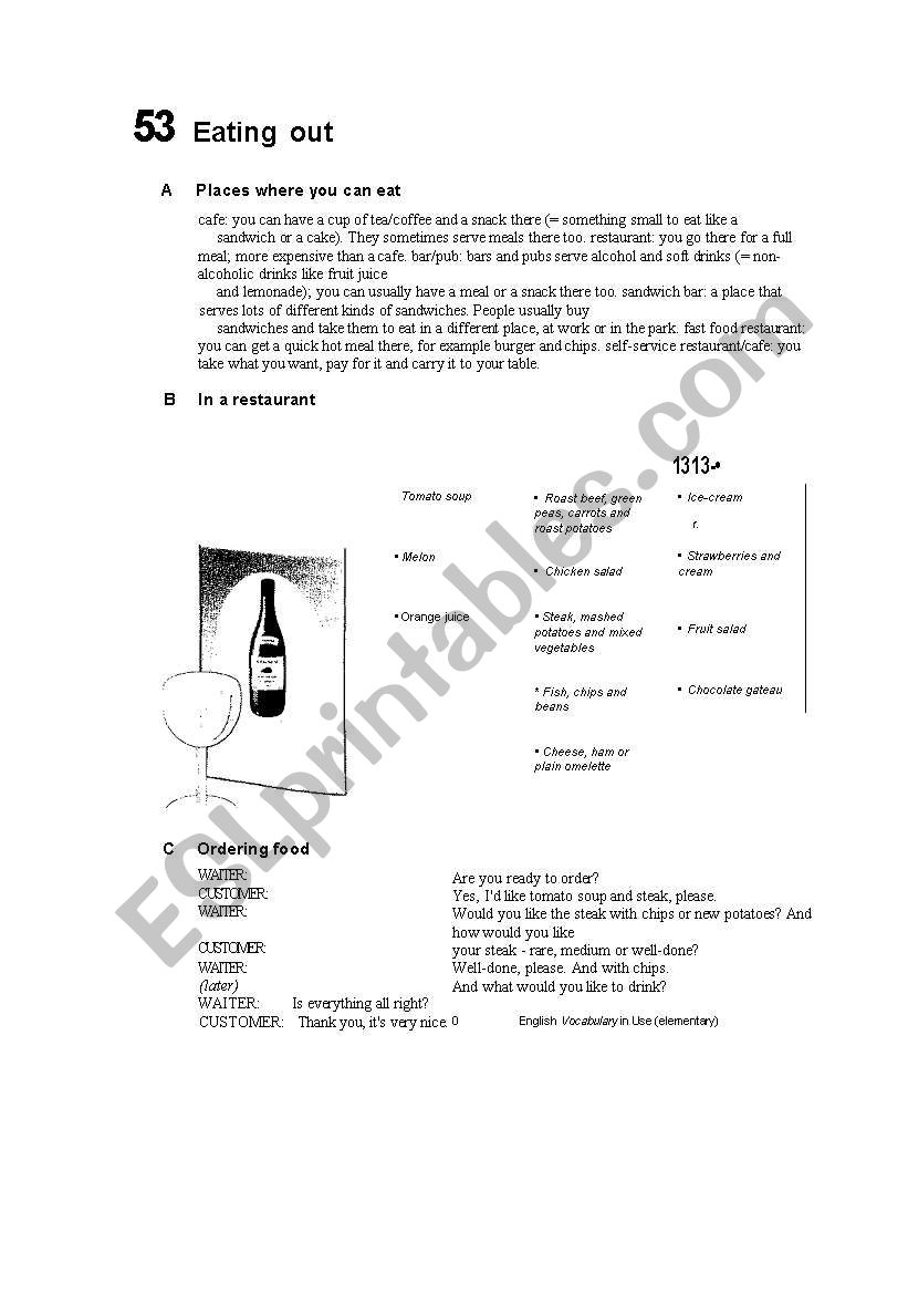 Eating out worksheet