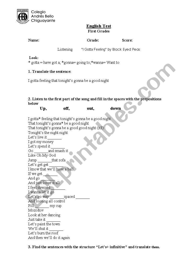a song using prepositions worksheet