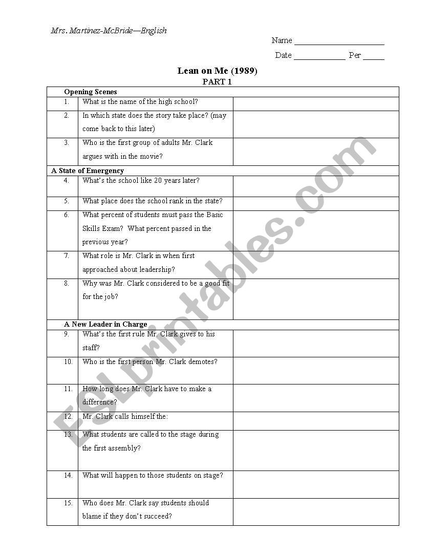 Lean on Me Movie Worksheet worksheet