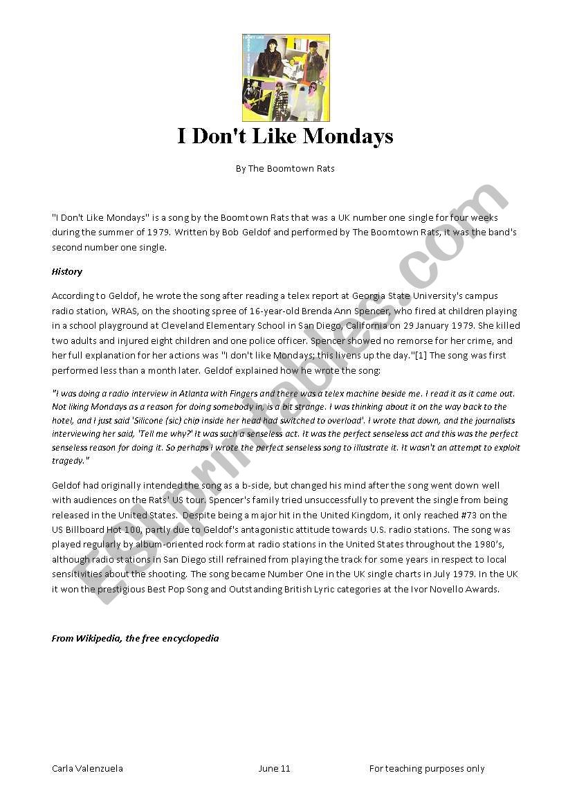 I dont like Mondays worksheet