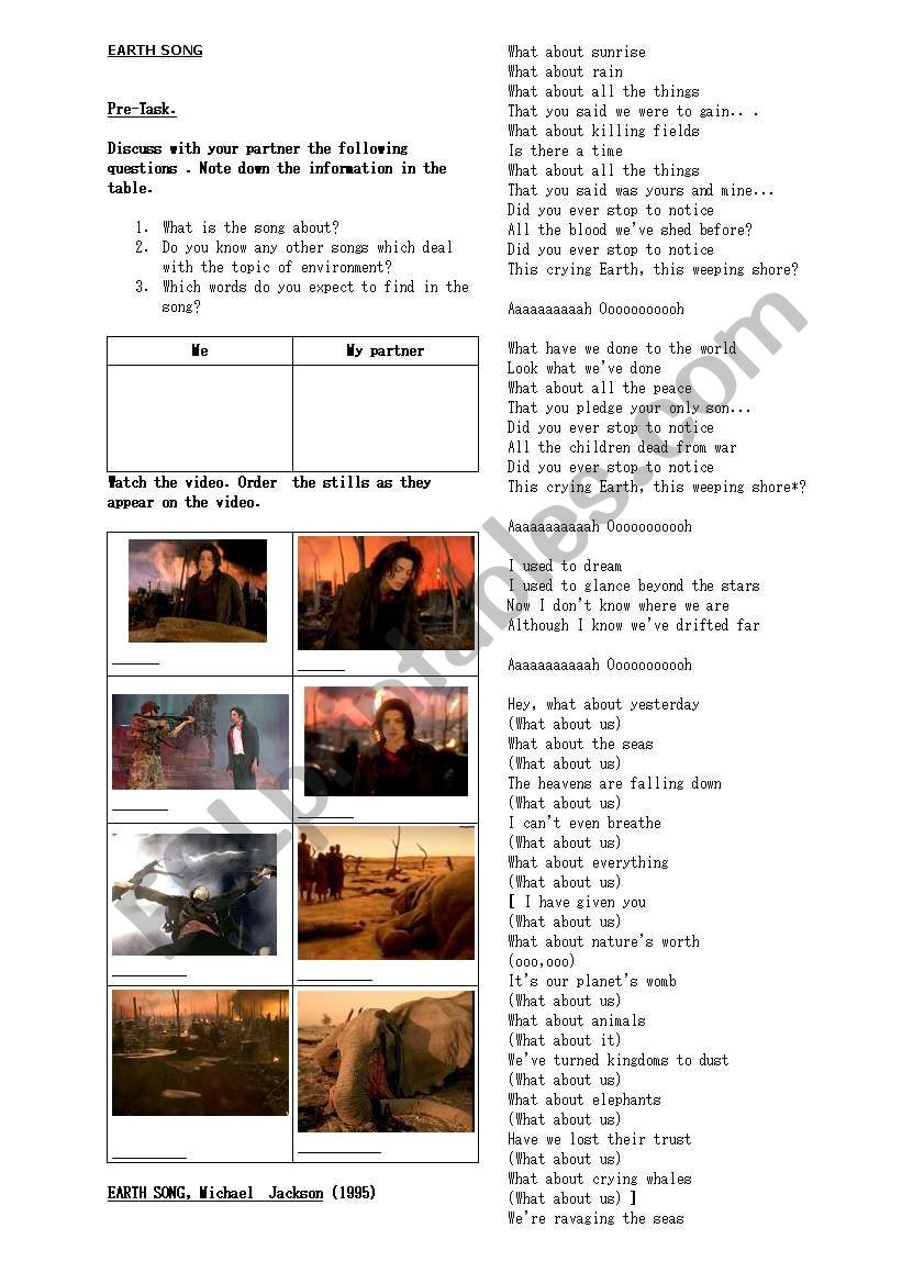 Earth song worksheet