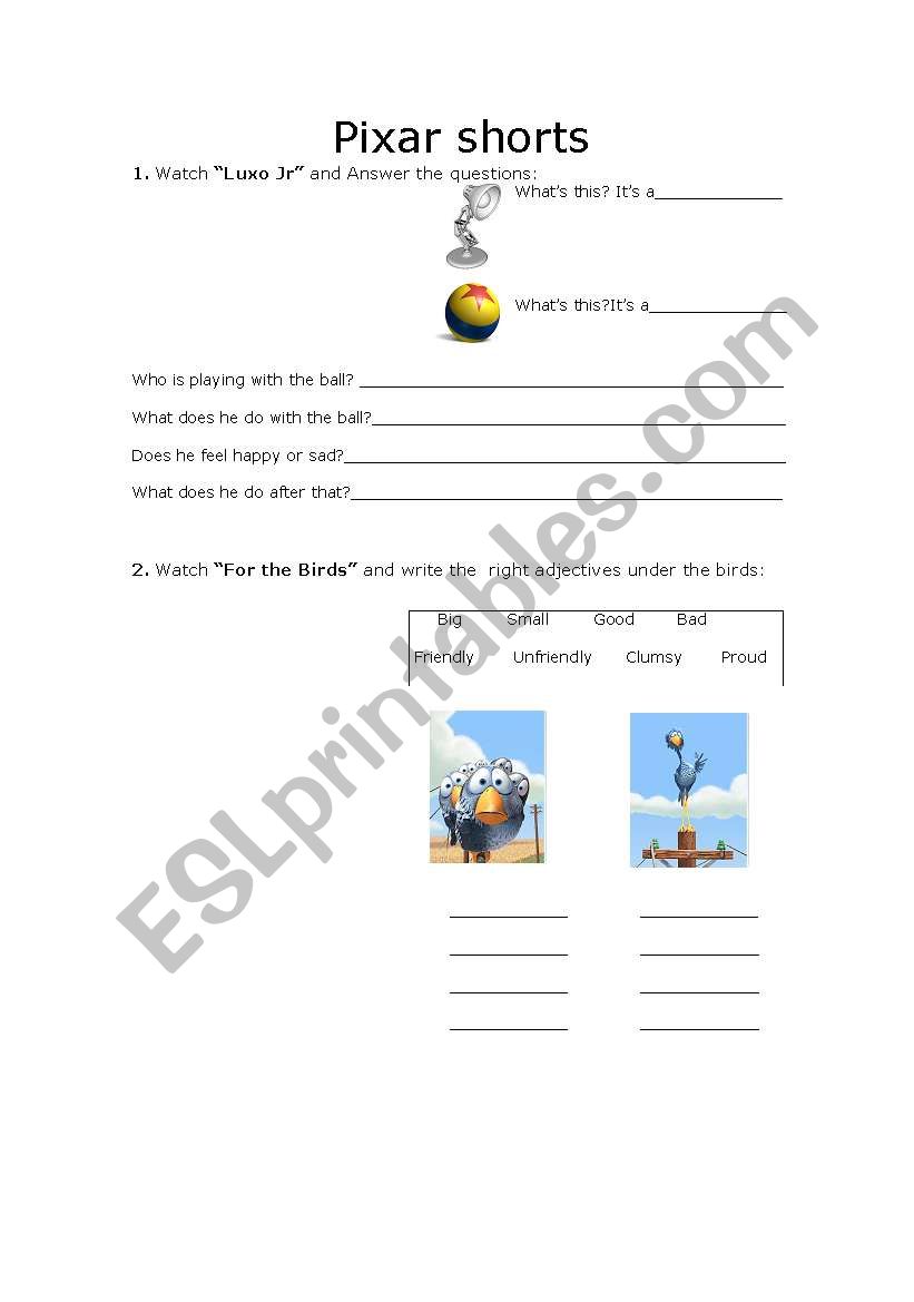 Pixar shorts DVD activity worksheet