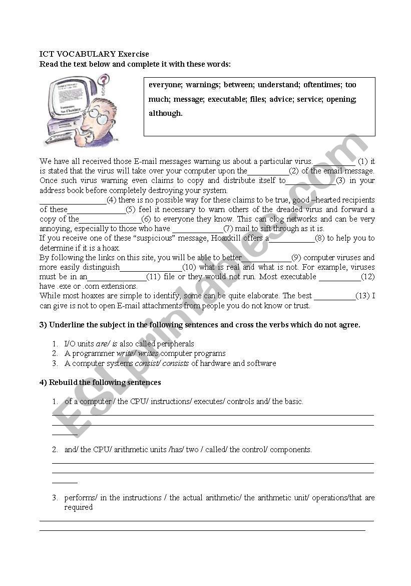 Computer vocabulary exercise worksheet