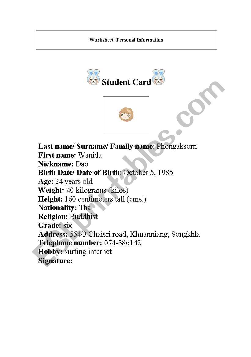 Student Card worksheet