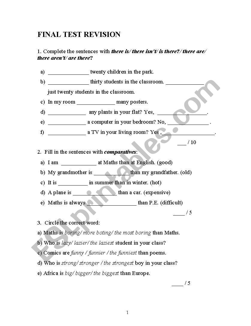 final test revision worksheet