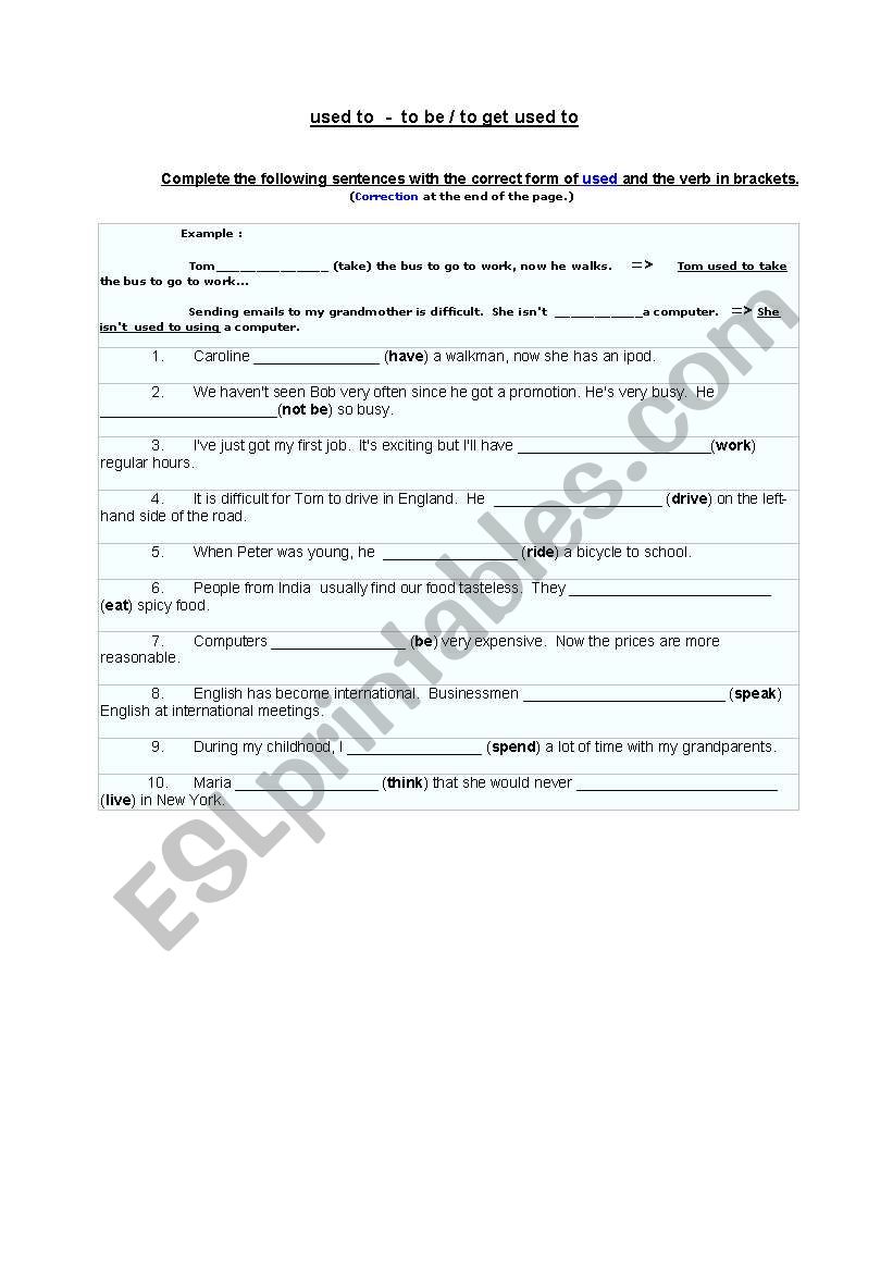 Used / get used to worksheet