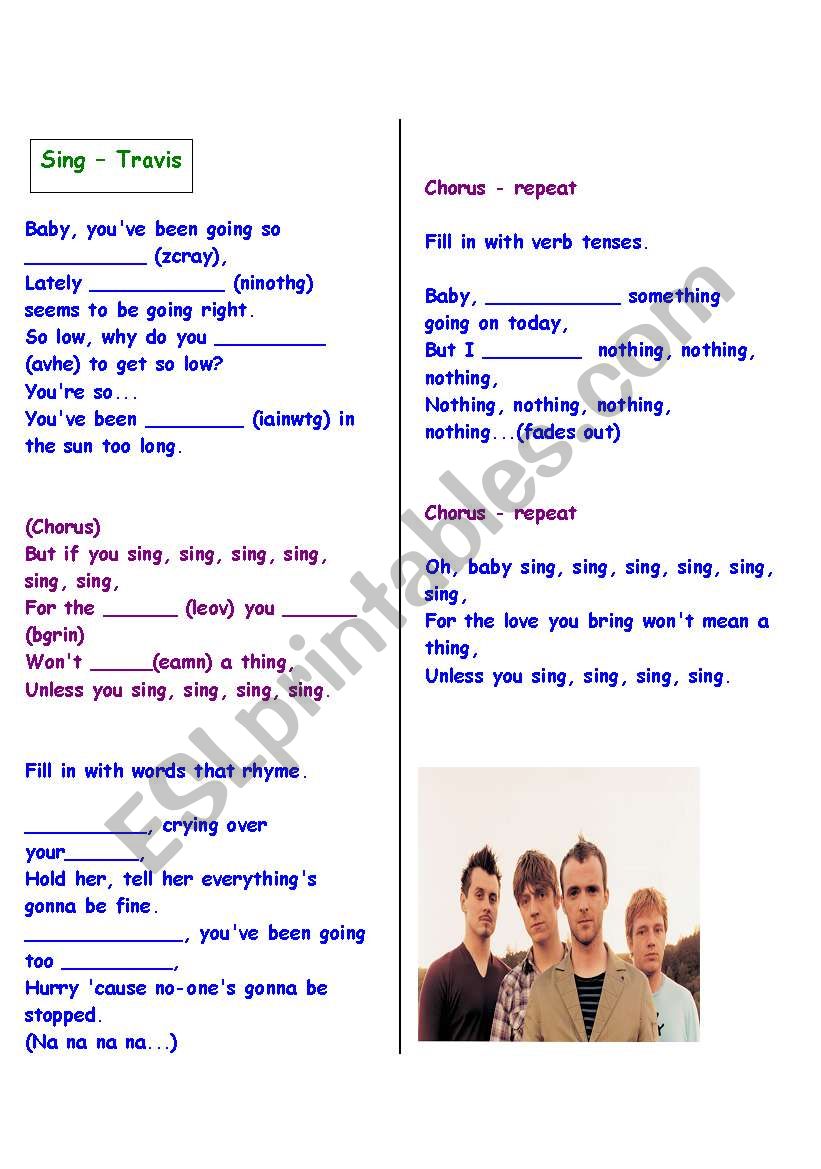 Listening comprehension : Song : Sing - Travis (with B&W copy and answer sheet)
