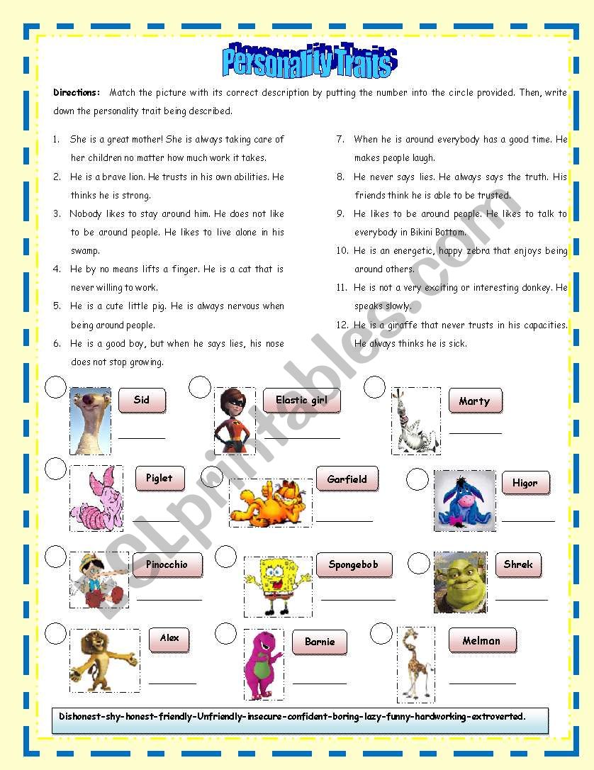 Personality traits worksheet