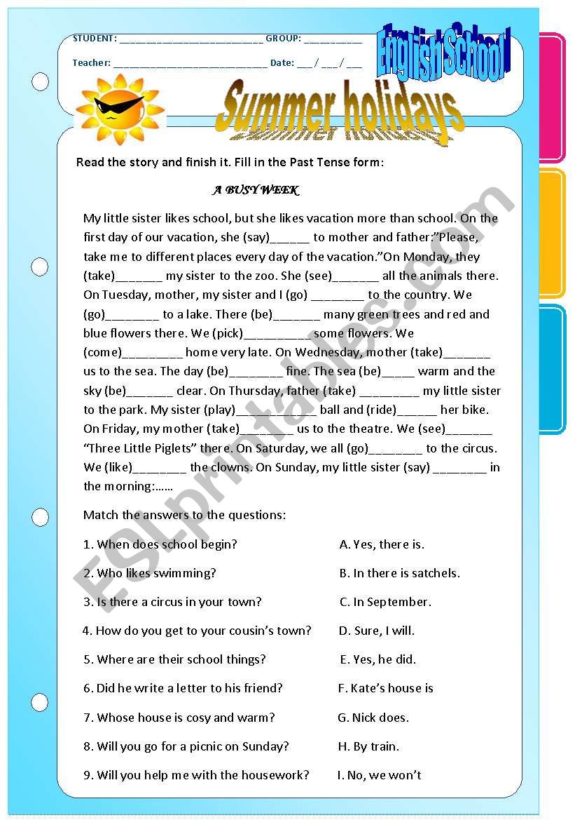 SUMMER HOLIDAYS worksheet