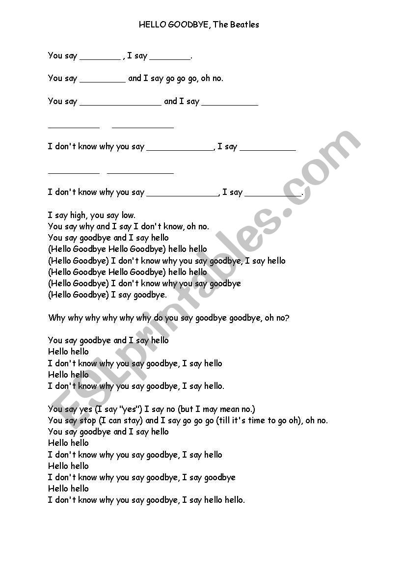 Hello Goodbye, The Beatles worksheet