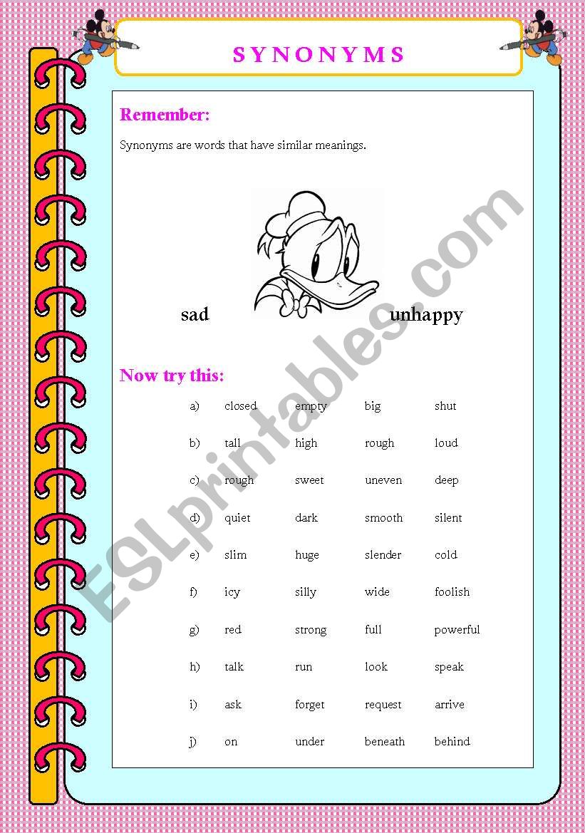 Synonyms worksheet