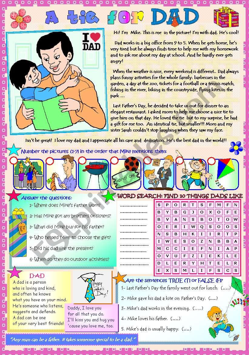 A TIE FOR DAD! (Reading comprehension activities + word search + poem)