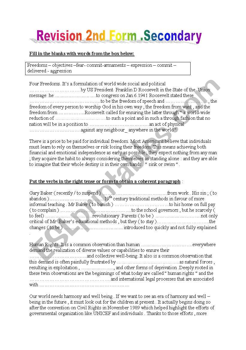 REVISION 2nd Form .Secondary  worksheet