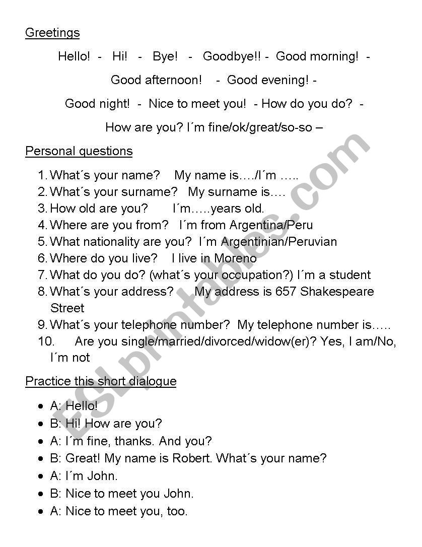 Greetings & Personal Info worksheet