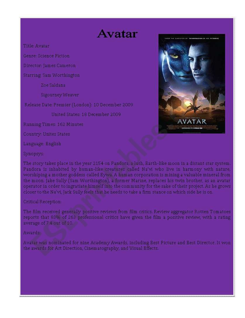 Movie Detail 1 ( Avatar) worksheet